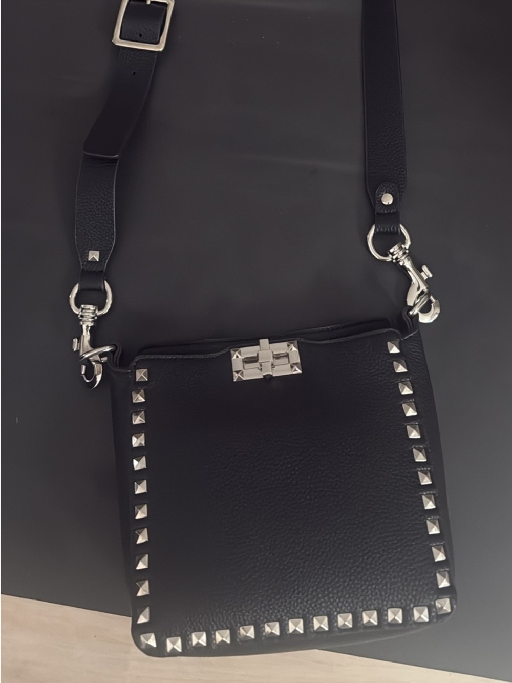 Black pebbled leather/Studded Crossbody Bag
